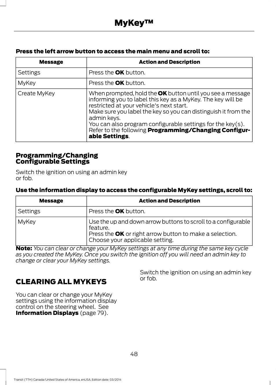 Clearing all mykeys, Mykey | FORD 2015 Transit v.1 User Manual | Page 51 / 461