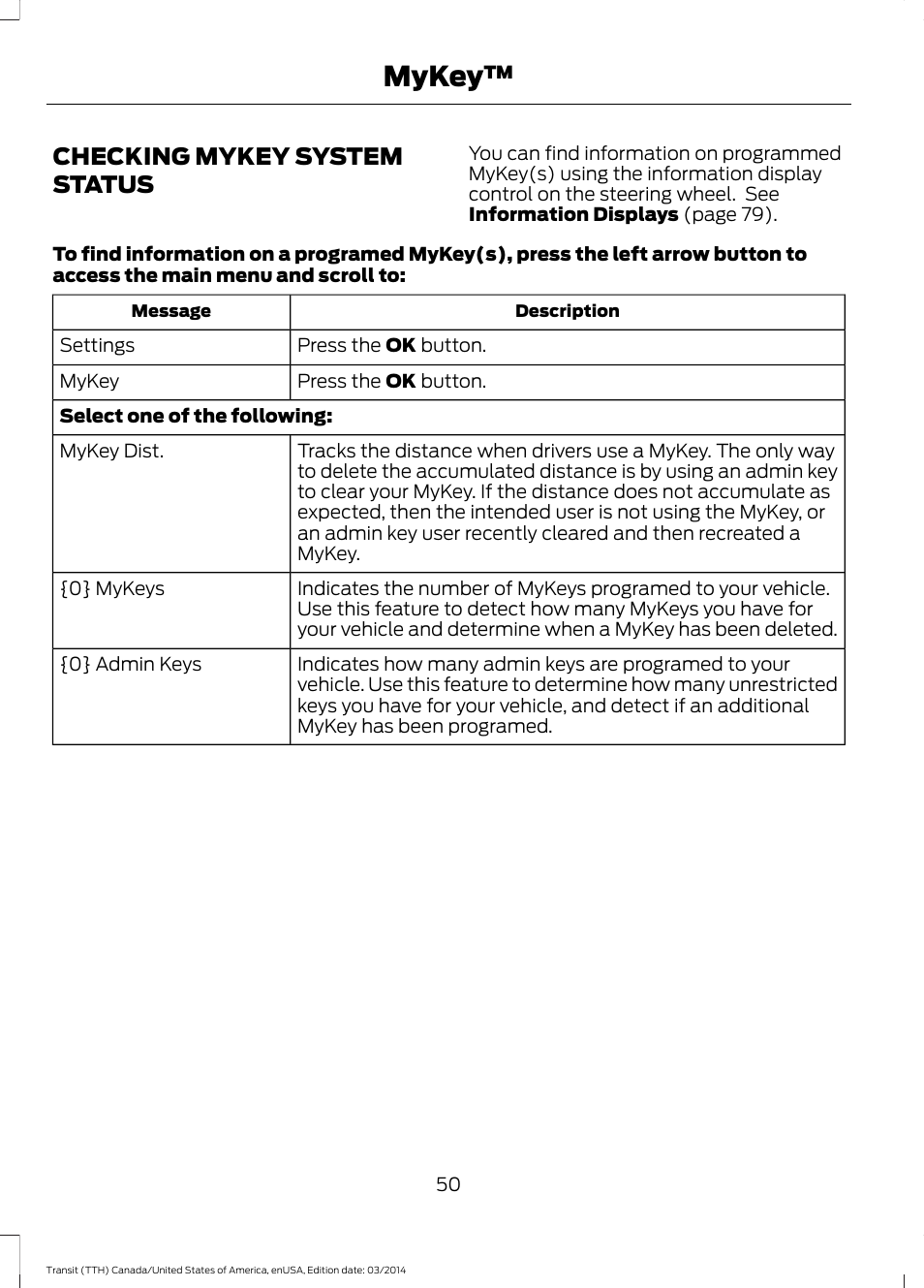 Checking mykey system status, Mykey | FORD 2015 Transit v.1 User Manual | Page 53 / 461