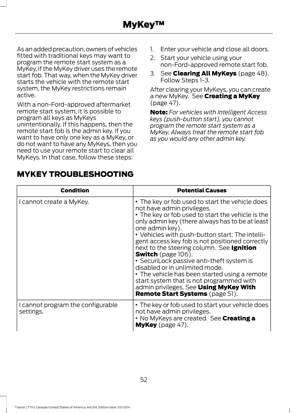 Mykey troubleshooting, Mykey | FORD 2015 Transit v.1 User Manual | Page 55 / 461