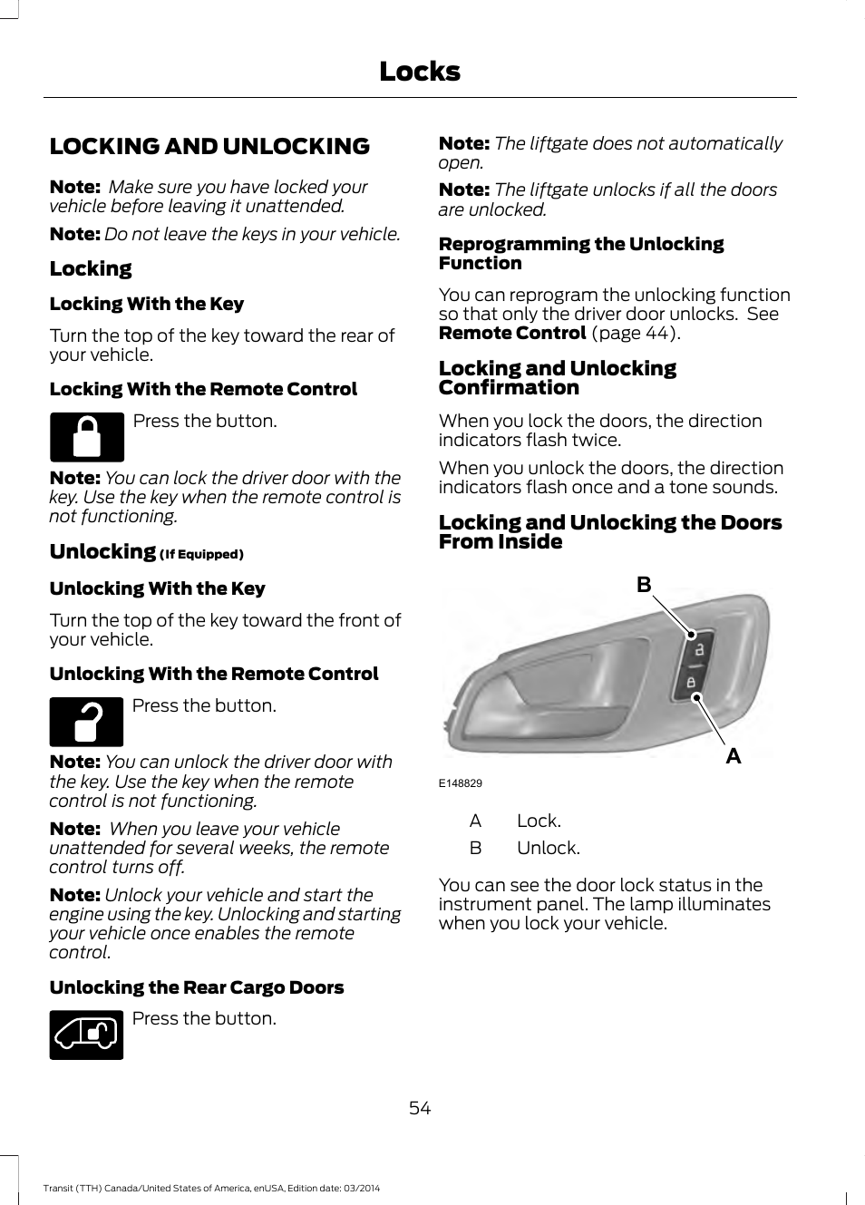 Locks, Locking and unlocking | FORD 2015 Transit v.1 User Manual | Page 57 / 461