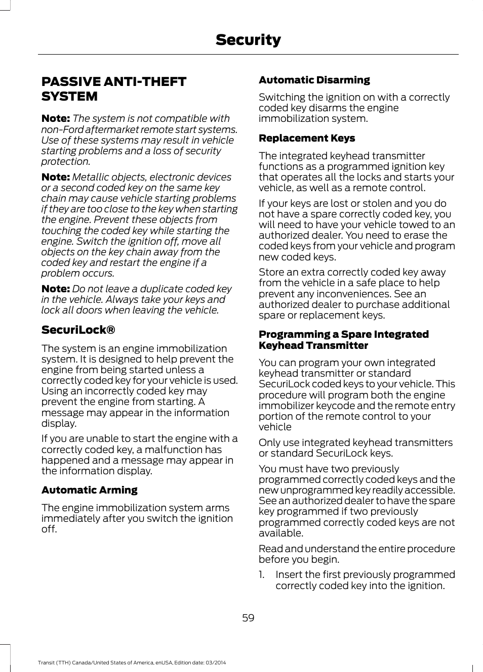 Security, Passive anti-theft system | FORD 2015 Transit v.1 User Manual | Page 62 / 461