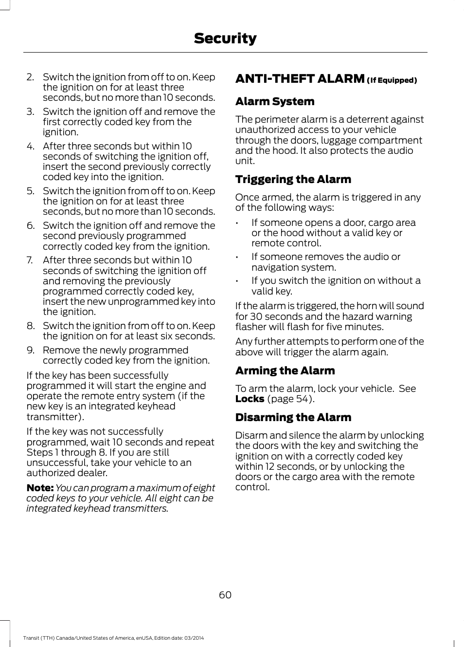 Anti-theft alarm, Security | FORD 2015 Transit v.1 User Manual | Page 63 / 461