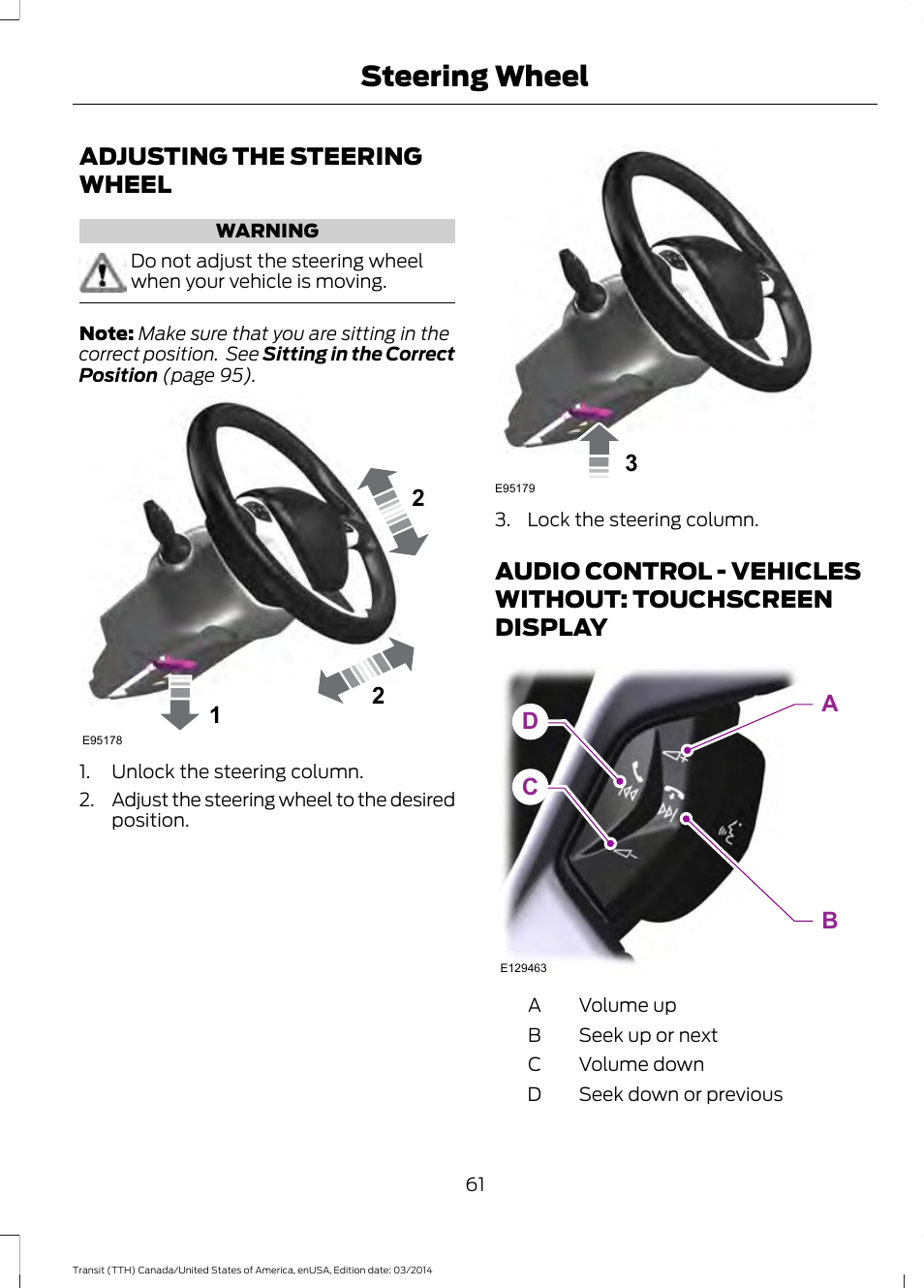 Steering wheel, Adjusting the steering wheel, Audio control | Touchscreen display | FORD 2015 Transit v.1 User Manual | Page 64 / 461