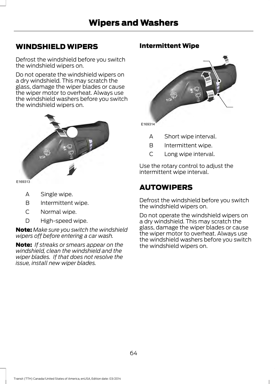 Wipers and washers, Windshield wipers, Autowipers | Windshield wipers autowipers, Dc b, Cb a | FORD 2015 Transit v.1 User Manual | Page 67 / 461