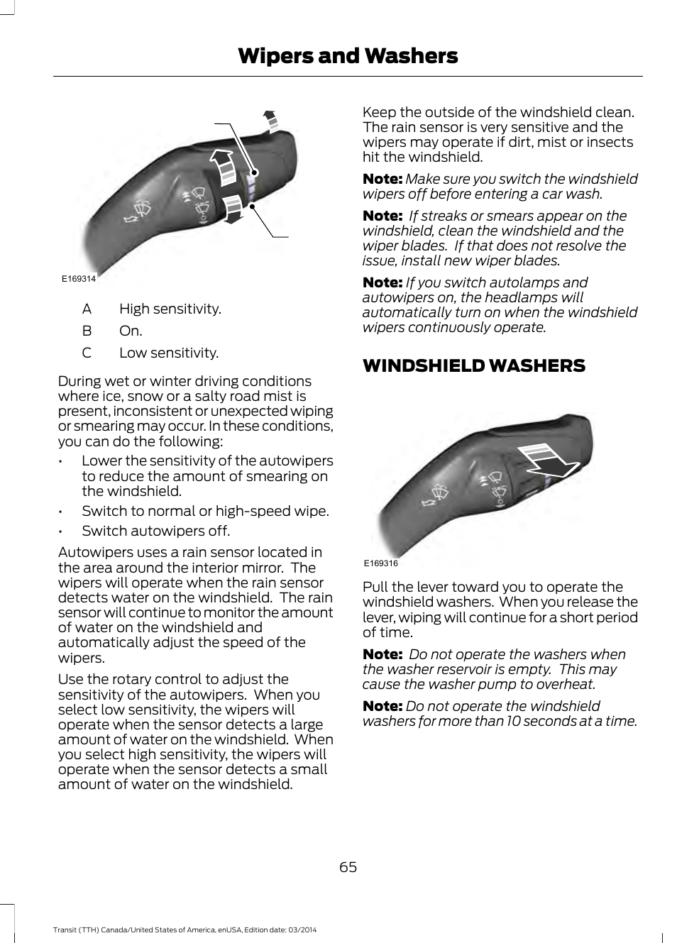 Windshield washers, Wipers and washers, Cb a | FORD 2015 Transit v.1 User Manual | Page 68 / 461