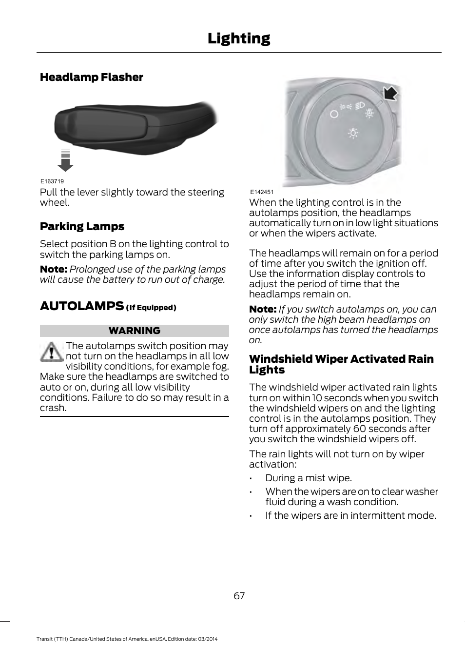 Autolamps, Lighting | FORD 2015 Transit v.1 User Manual | Page 70 / 461