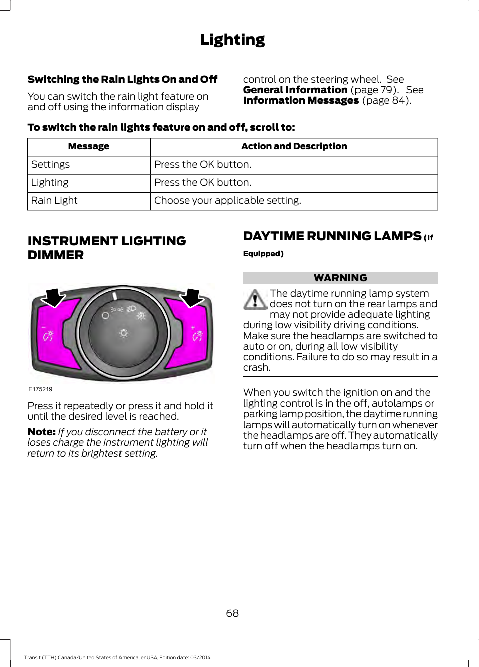 Instrument lighting dimmer, Daytime running lamps, Instrument lighting dimmer daytime running lamps | Lighting | FORD 2015 Transit v.1 User Manual | Page 71 / 461