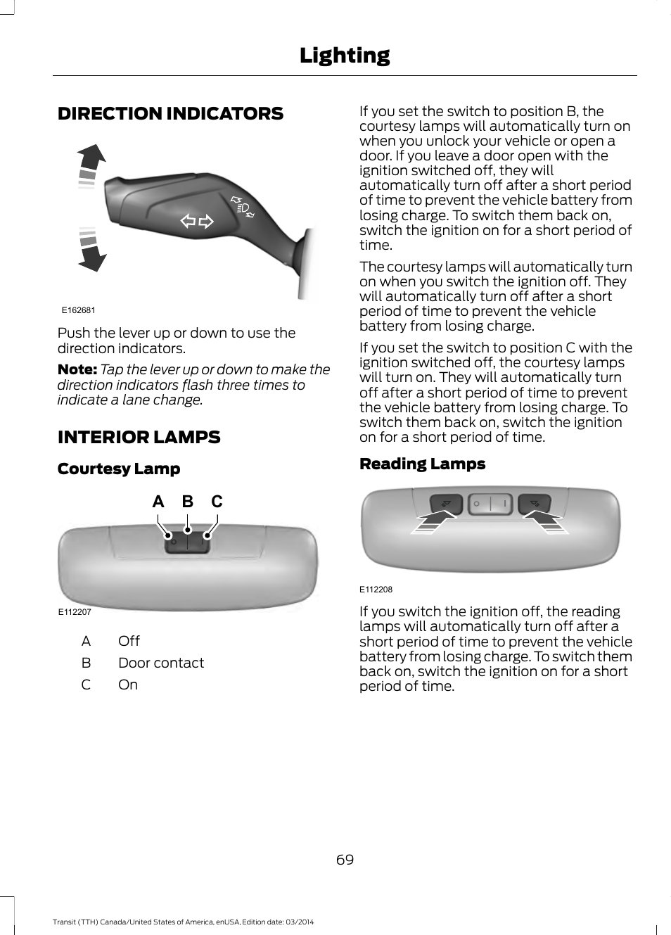 Direction indicators, Interior lamps, Direction indicators interior lamps | Lighting, Bc a | FORD 2015 Transit v.1 User Manual | Page 72 / 461