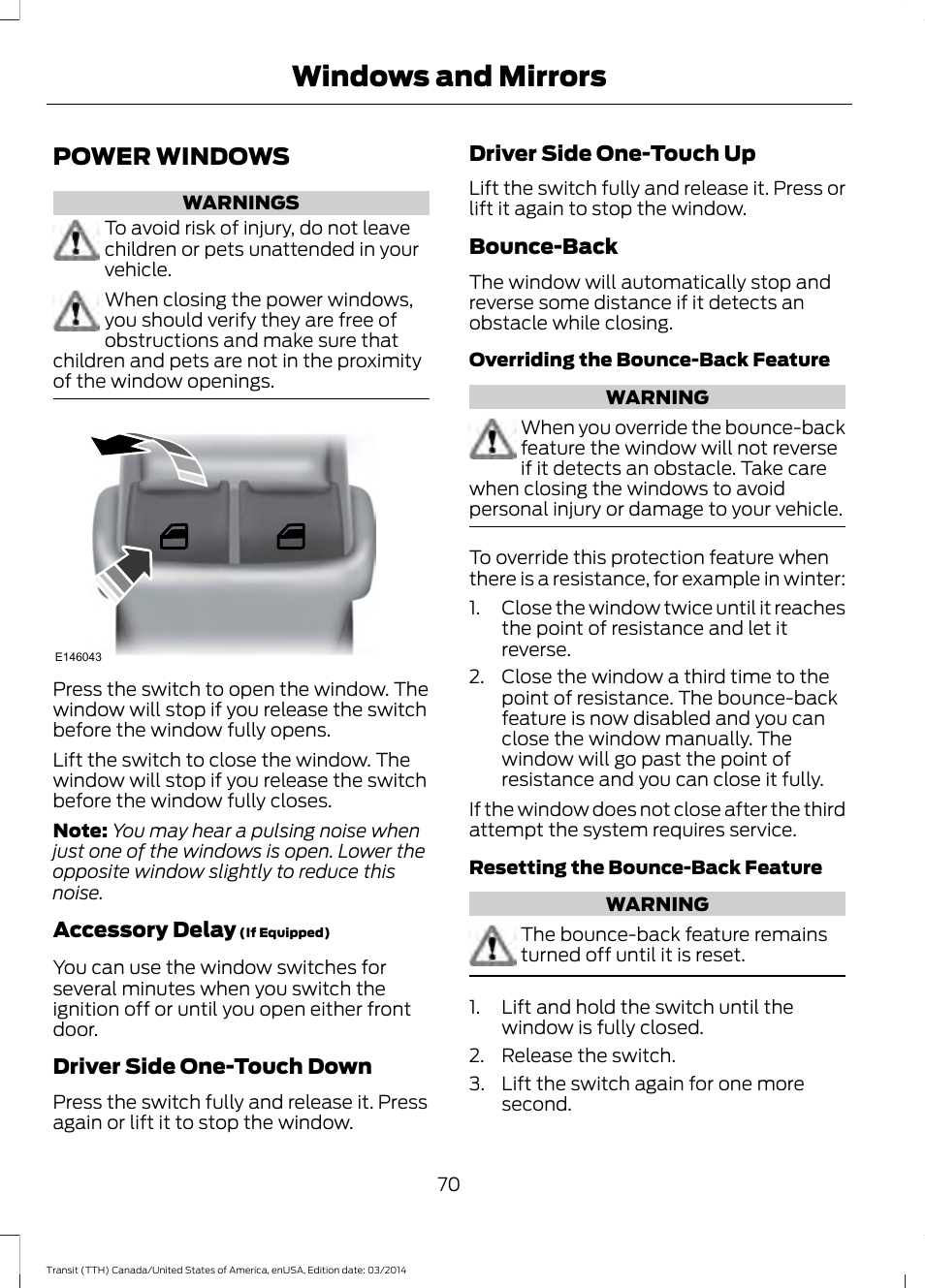 Windows and mirrors, Power windows | FORD 2015 Transit v.1 User Manual | Page 73 / 461