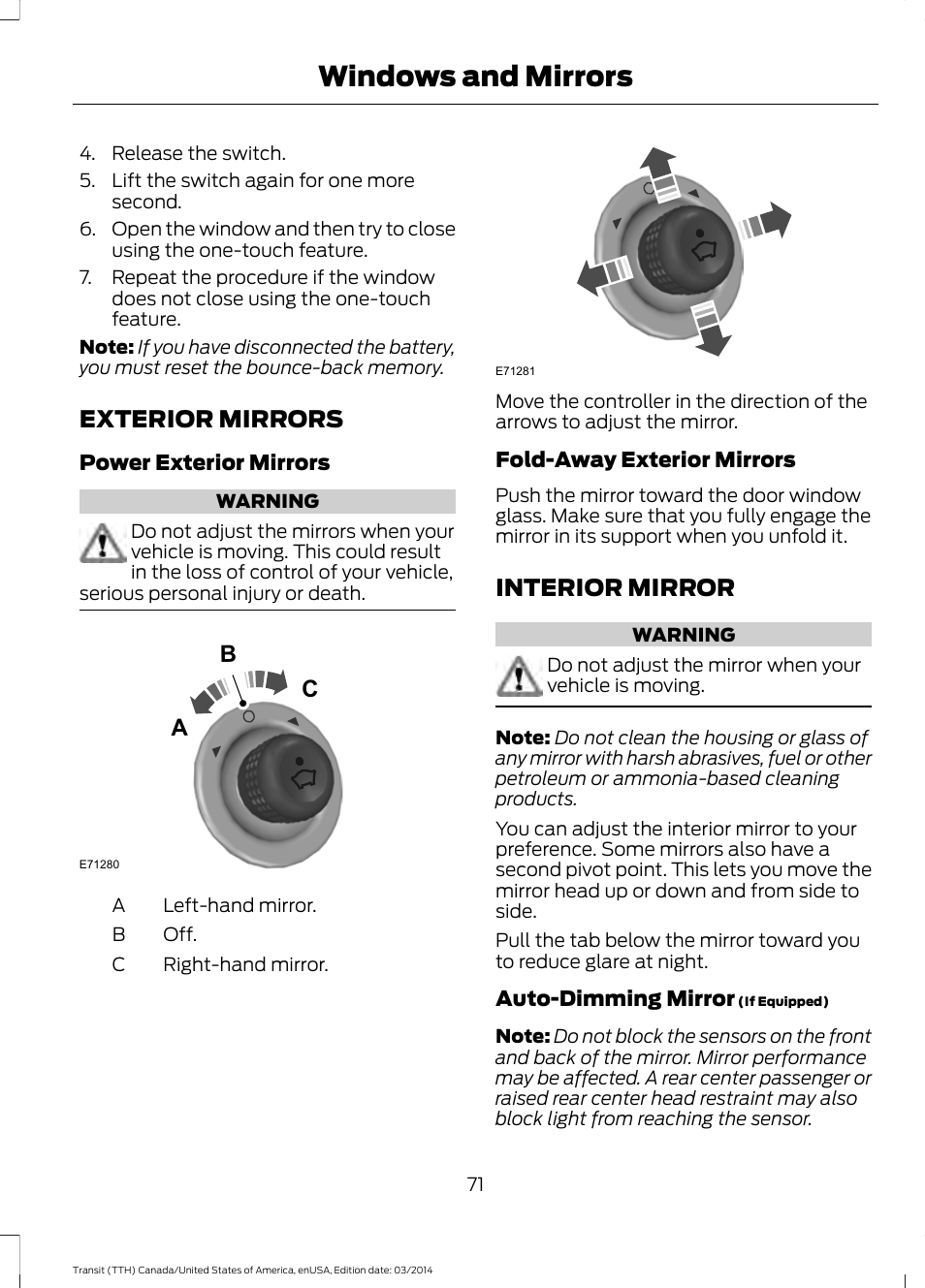 Exterior mirrors, Interior mirror, Exterior mirrors interior mirror | Windows and mirrors, Bc a | FORD 2015 Transit v.1 User Manual | Page 74 / 461