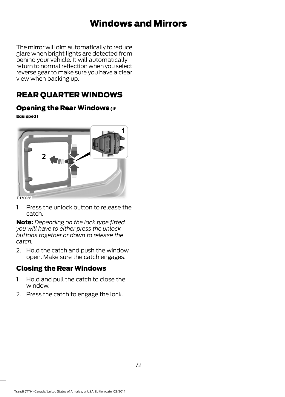 Rear quarter windows, Windows and mirrors | FORD 2015 Transit v.1 User Manual | Page 75 / 461