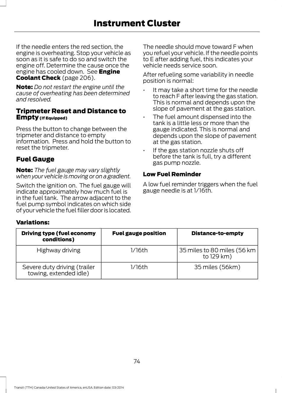 Instrument cluster | FORD 2015 Transit v.1 User Manual | Page 77 / 461