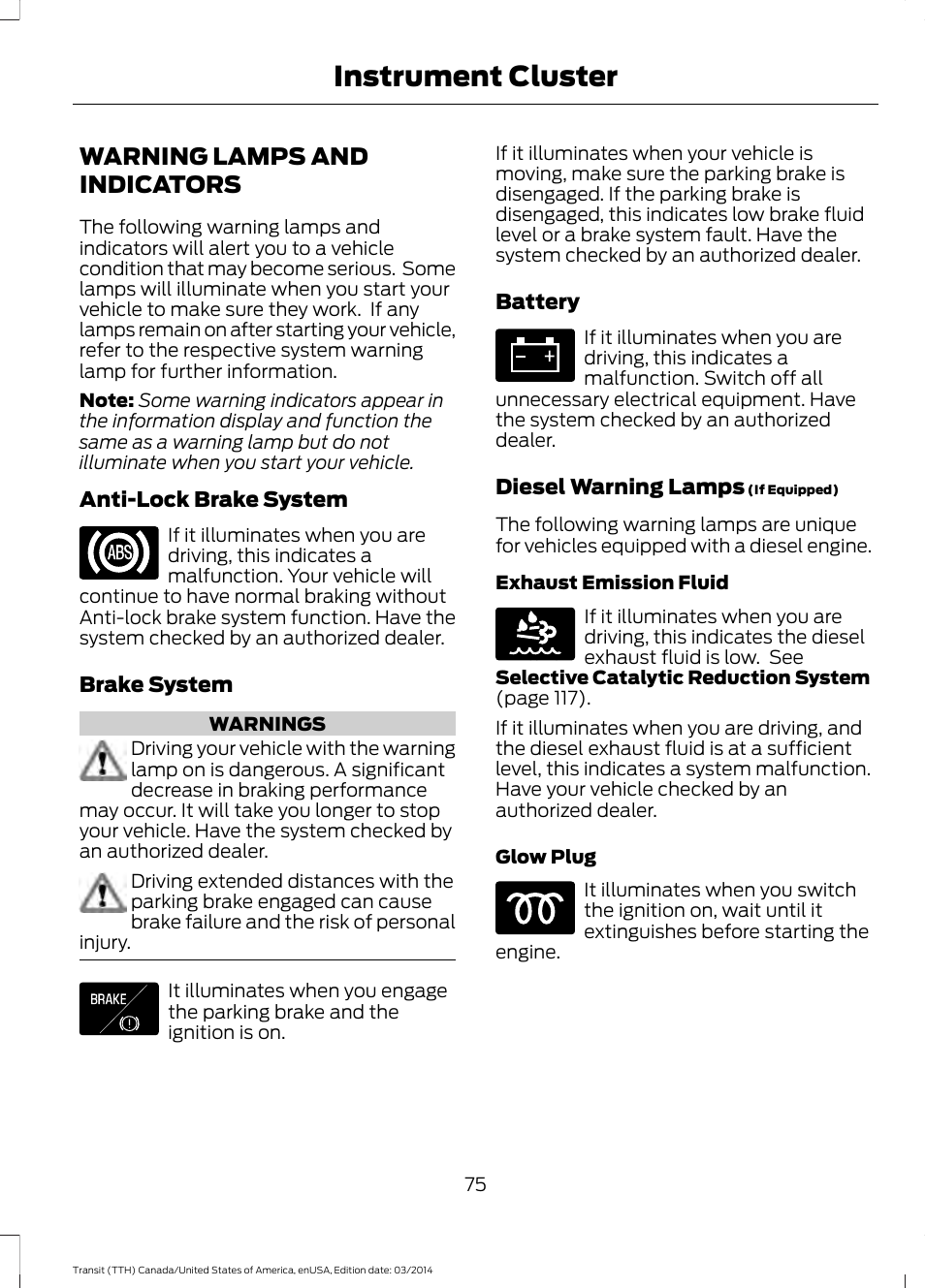 Warning lamps and indicators, Instrument cluster | FORD 2015 Transit v.1 User Manual | Page 78 / 461
