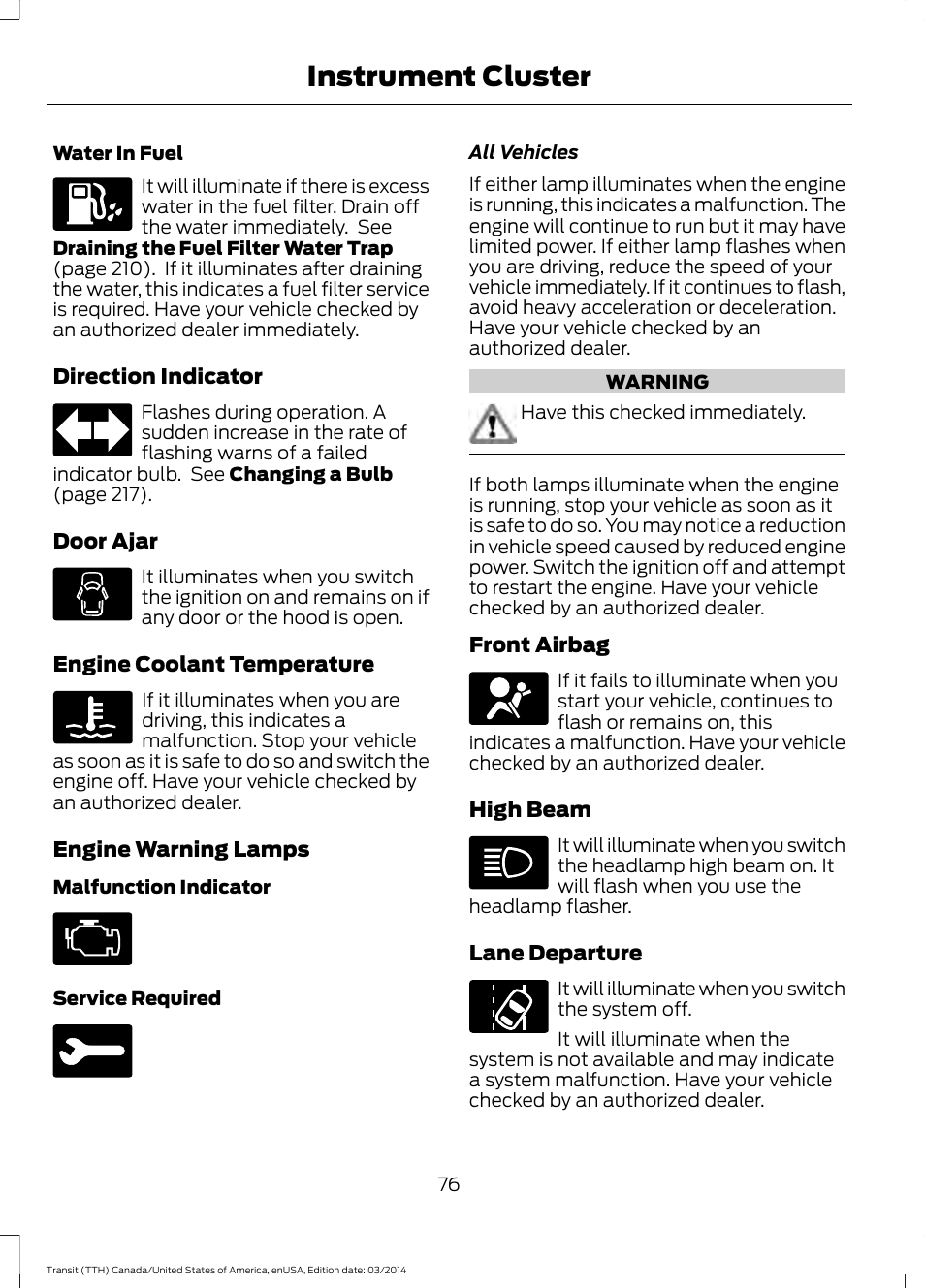 Instrument cluster | FORD 2015 Transit v.1 User Manual | Page 79 / 461