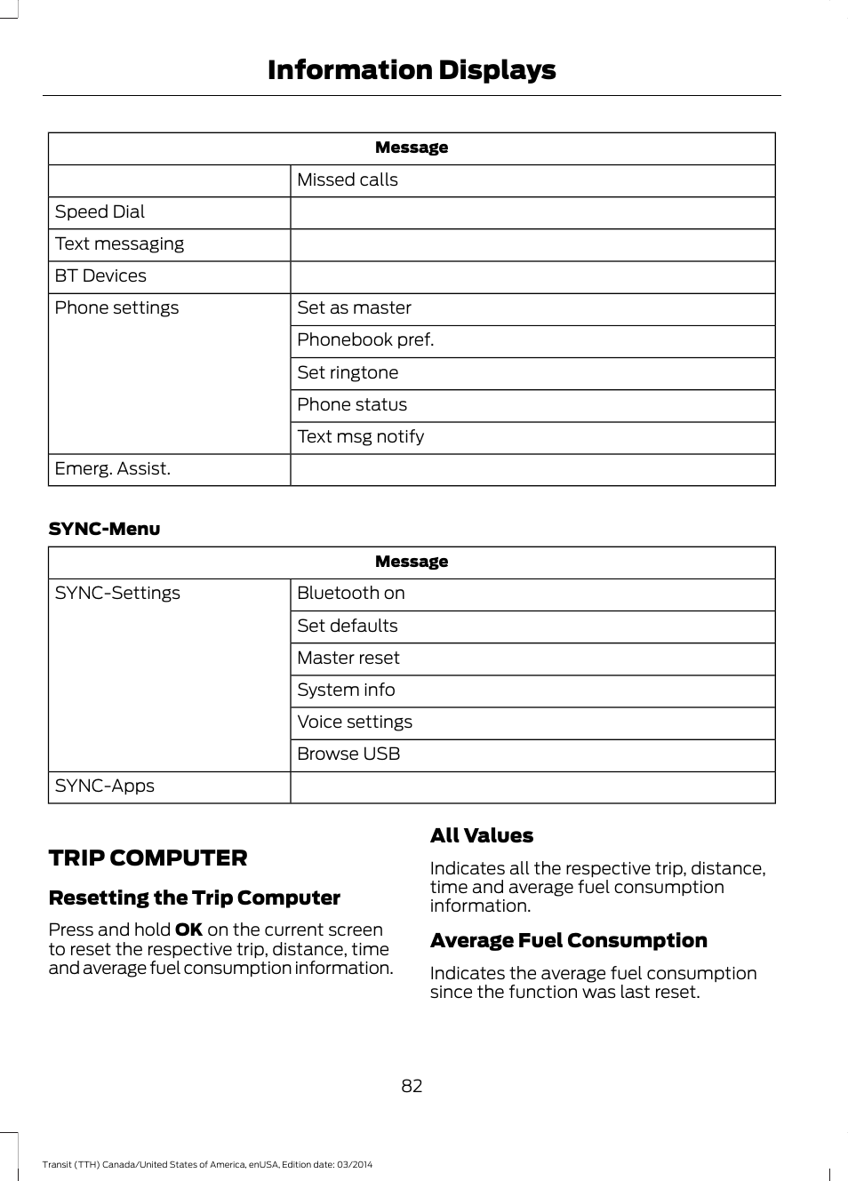 Trip computer, Information displays | FORD 2015 Transit v.1 User Manual | Page 85 / 461