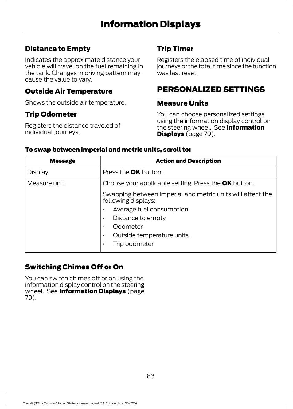 Personalized settings, Information displays | FORD 2015 Transit v.1 User Manual | Page 86 / 461