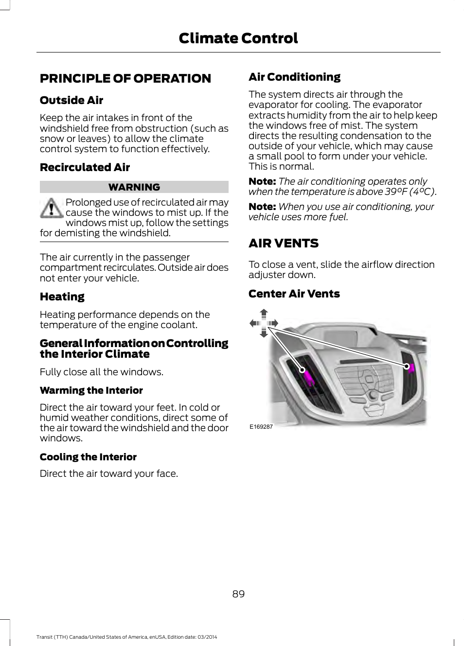 Climate control, Principle of operation, Air vents | Principle of operation air vents | FORD 2015 Transit v.1 User Manual | Page 92 / 461