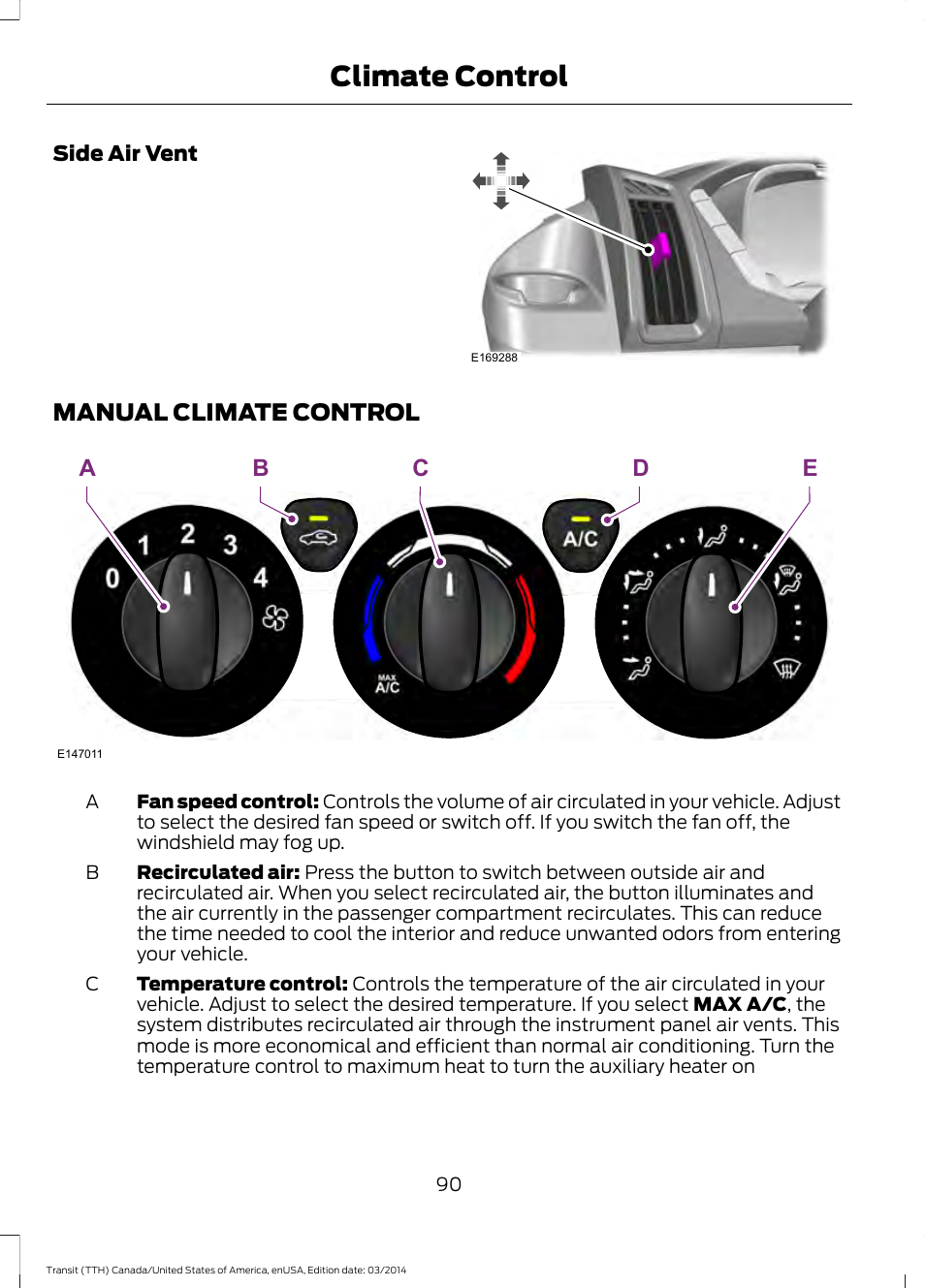 Manual climate control, Climate control, Ae b d c | FORD 2015 Transit v.1 User Manual | Page 93 / 461
