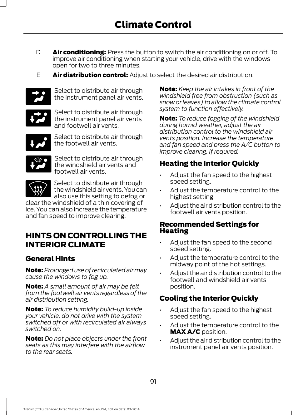 Hints on controlling the interior climate, Hints on controlling the interior, Climate | Climate control | FORD 2015 Transit v.1 User Manual | Page 94 / 461
