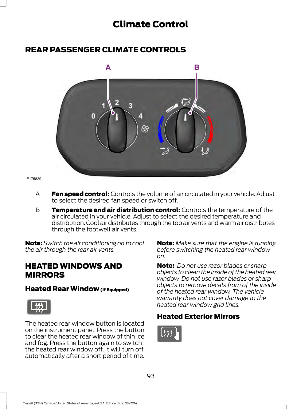 Rear passenger climate controls, Heated windows and mirrors, Climate control | FORD 2015 Transit v.1 User Manual | Page 96 / 461