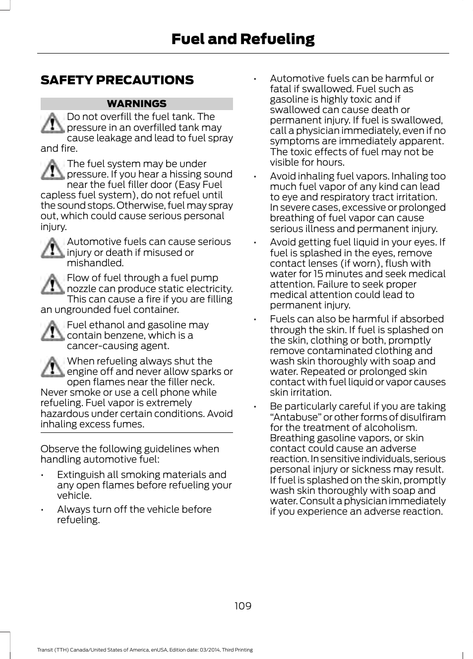 Fuel and refueling, Safety precautions | FORD 2015 Transit v.2 User Manual | Page 112 / 467