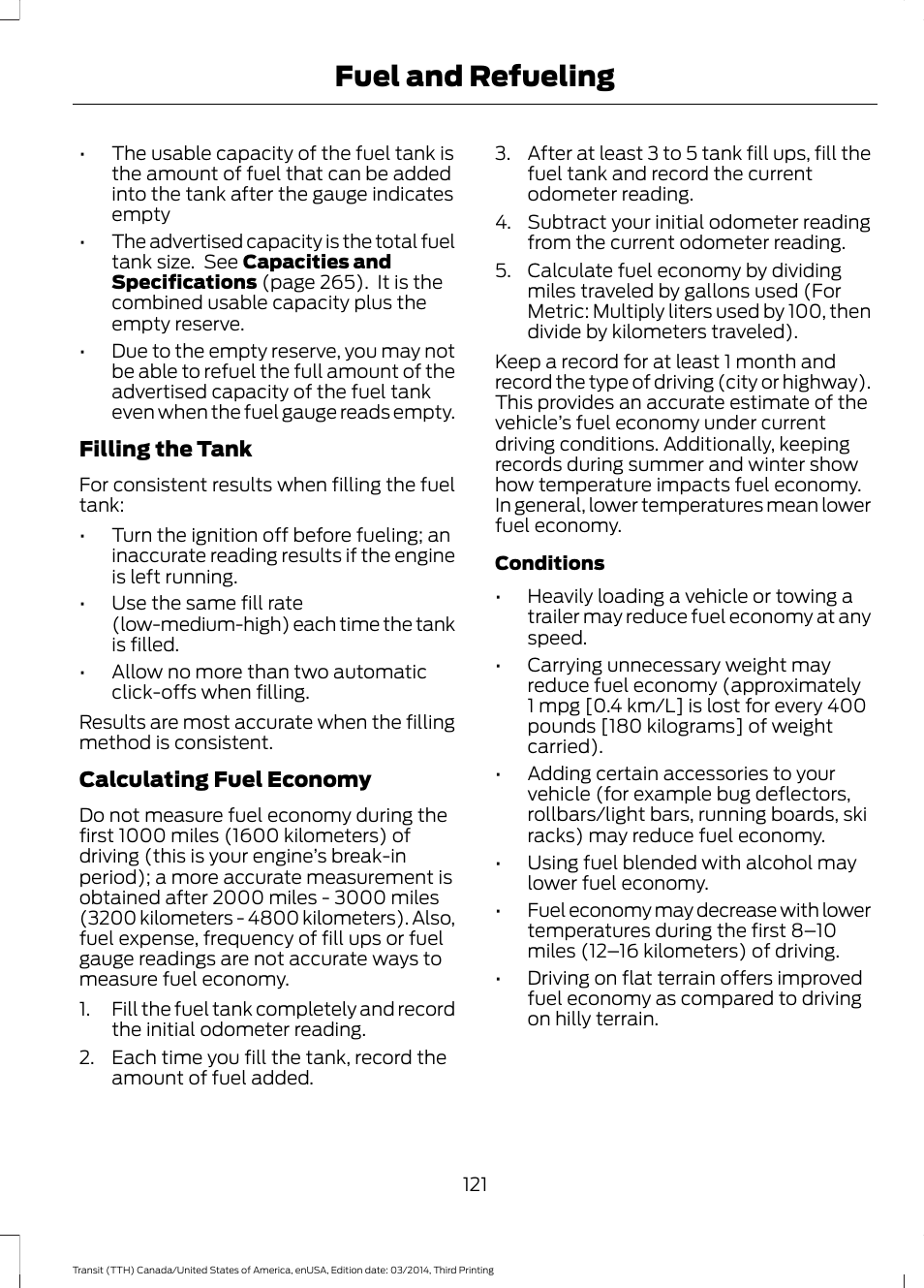 Fuel and refueling | FORD 2015 Transit v.2 User Manual | Page 124 / 467