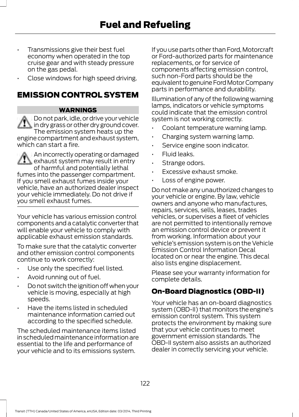 Emission control system, Fuel and refueling | FORD 2015 Transit v.2 User Manual | Page 125 / 467