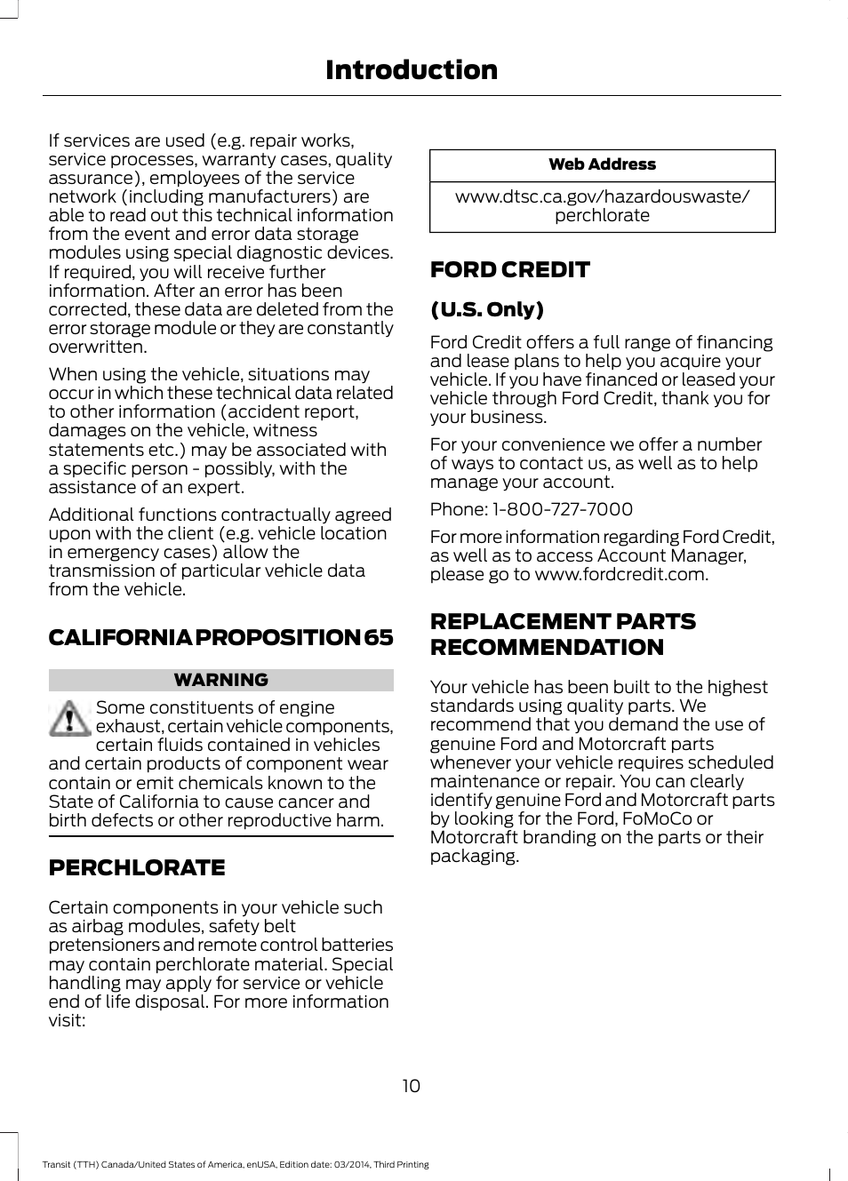 California proposition 65, Perchlorate, Ford credit | Replacement parts recommendation, Recommendation, Introduction | FORD 2015 Transit v.2 User Manual | Page 13 / 467
