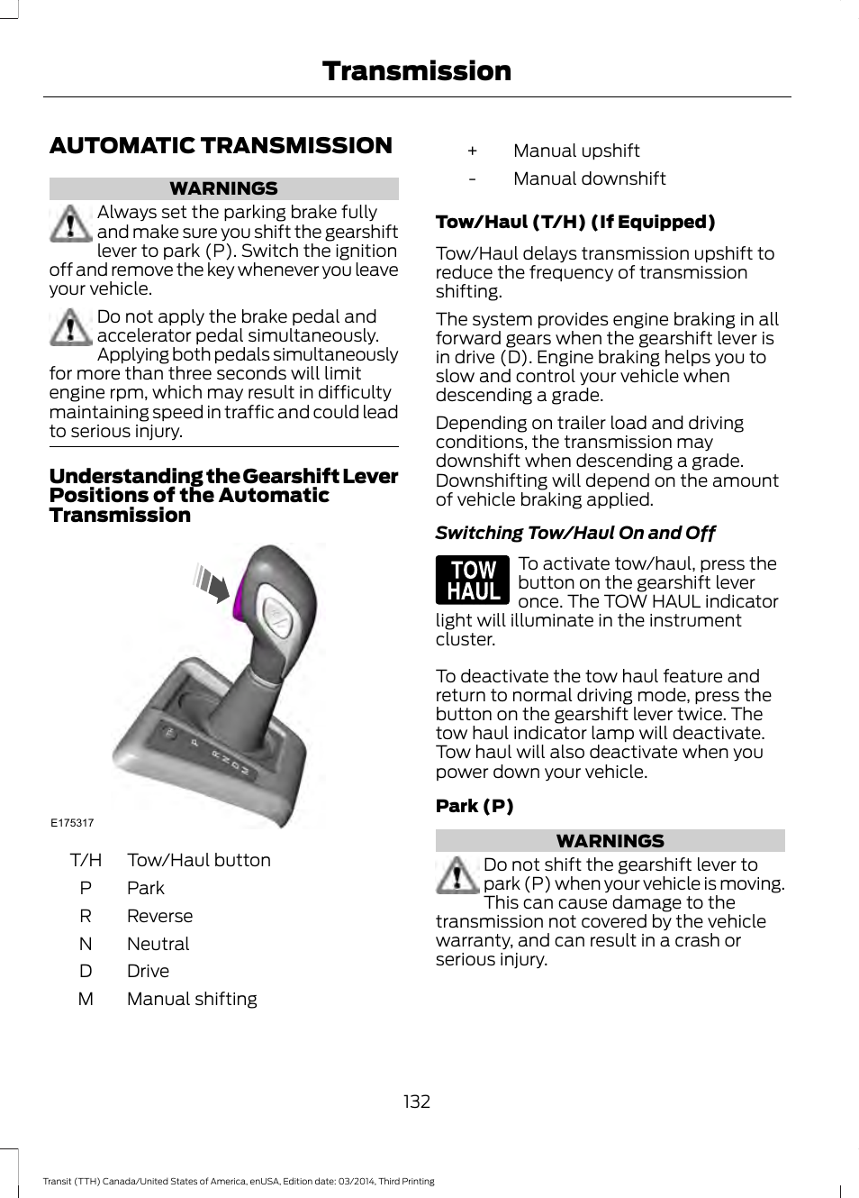 Transmission, Automatic transmission | FORD 2015 Transit v.2 User Manual | Page 135 / 467