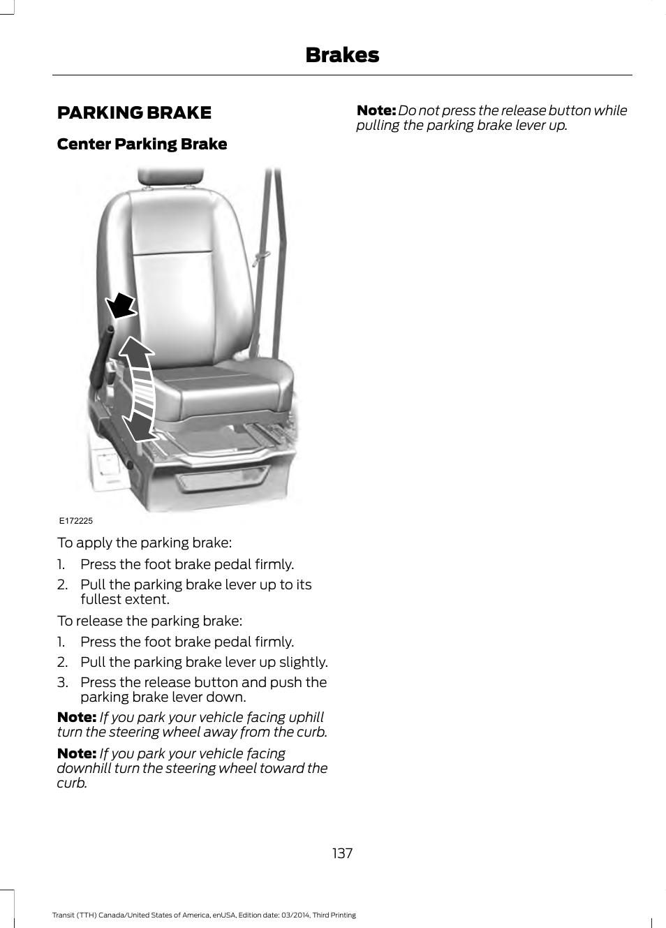 Parking brake, Brakes | FORD 2015 Transit v.2 User Manual | Page 140 / 467