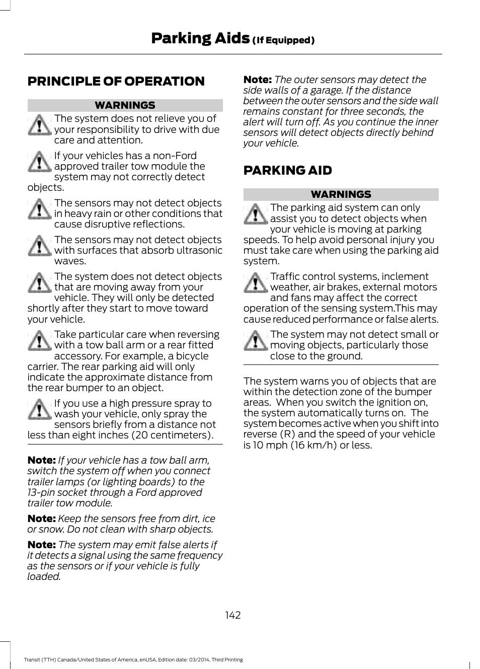 Parking aids, Principle of operation, Parking aid | Principle of operation parking aid | FORD 2015 Transit v.2 User Manual | Page 145 / 467
