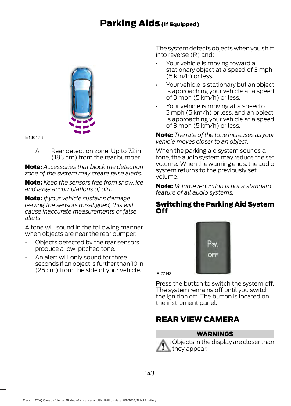 Rear view camera, Parking aids | FORD 2015 Transit v.2 User Manual | Page 146 / 467