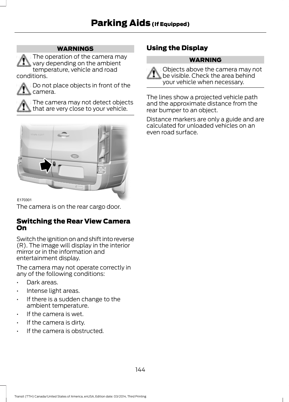 Parking aids | FORD 2015 Transit v.2 User Manual | Page 147 / 467