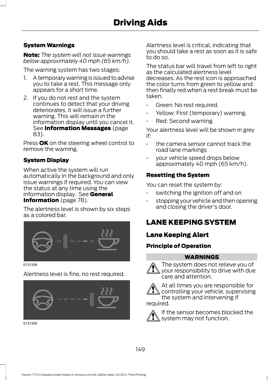 Lane keeping system, Driving aids | FORD 2015 Transit v.2 User Manual | Page 152 / 467