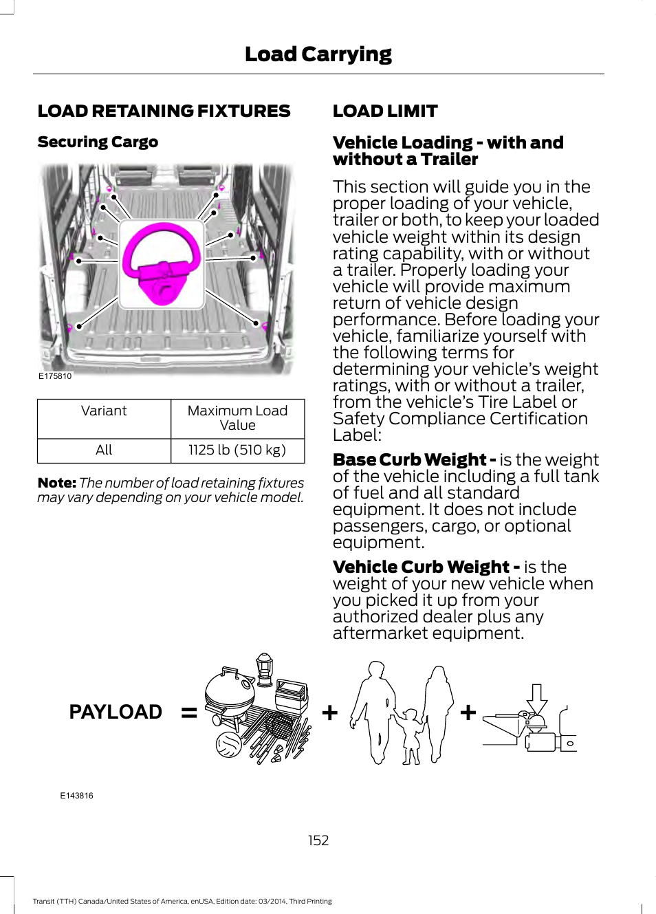 Load carrying, Load retaining fixtures, Load limit | Load retaining fixtures load limit, Payload | FORD 2015 Transit v.2 User Manual | Page 155 / 467