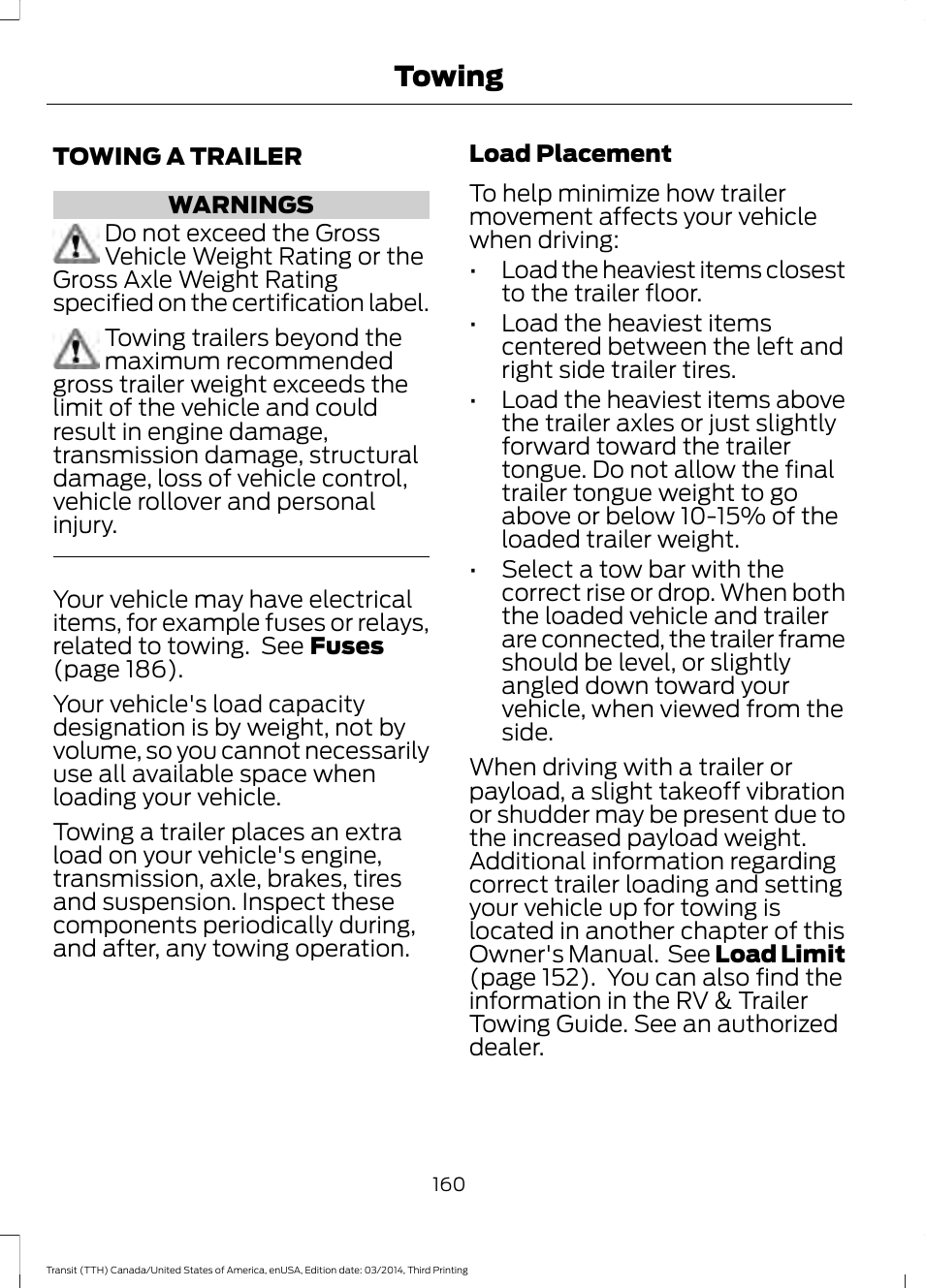 Towing, Towing a trailer | FORD 2015 Transit v.2 User Manual | Page 163 / 467