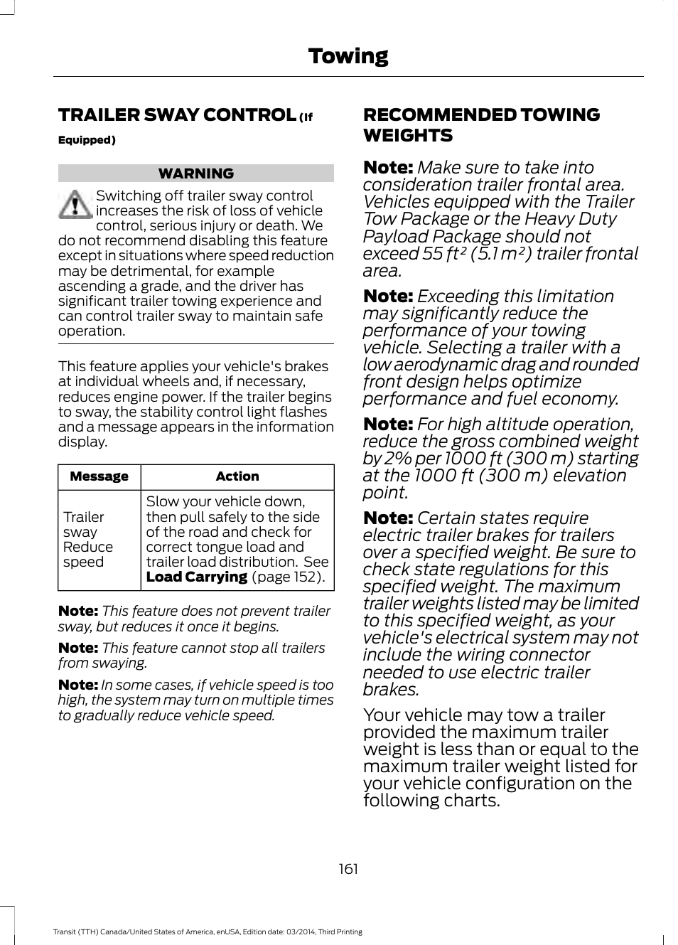 Trailer sway control, Recommended towing weights, Trailer sway control recommended towing weights | Towing | FORD 2015 Transit v.2 User Manual | Page 164 / 467