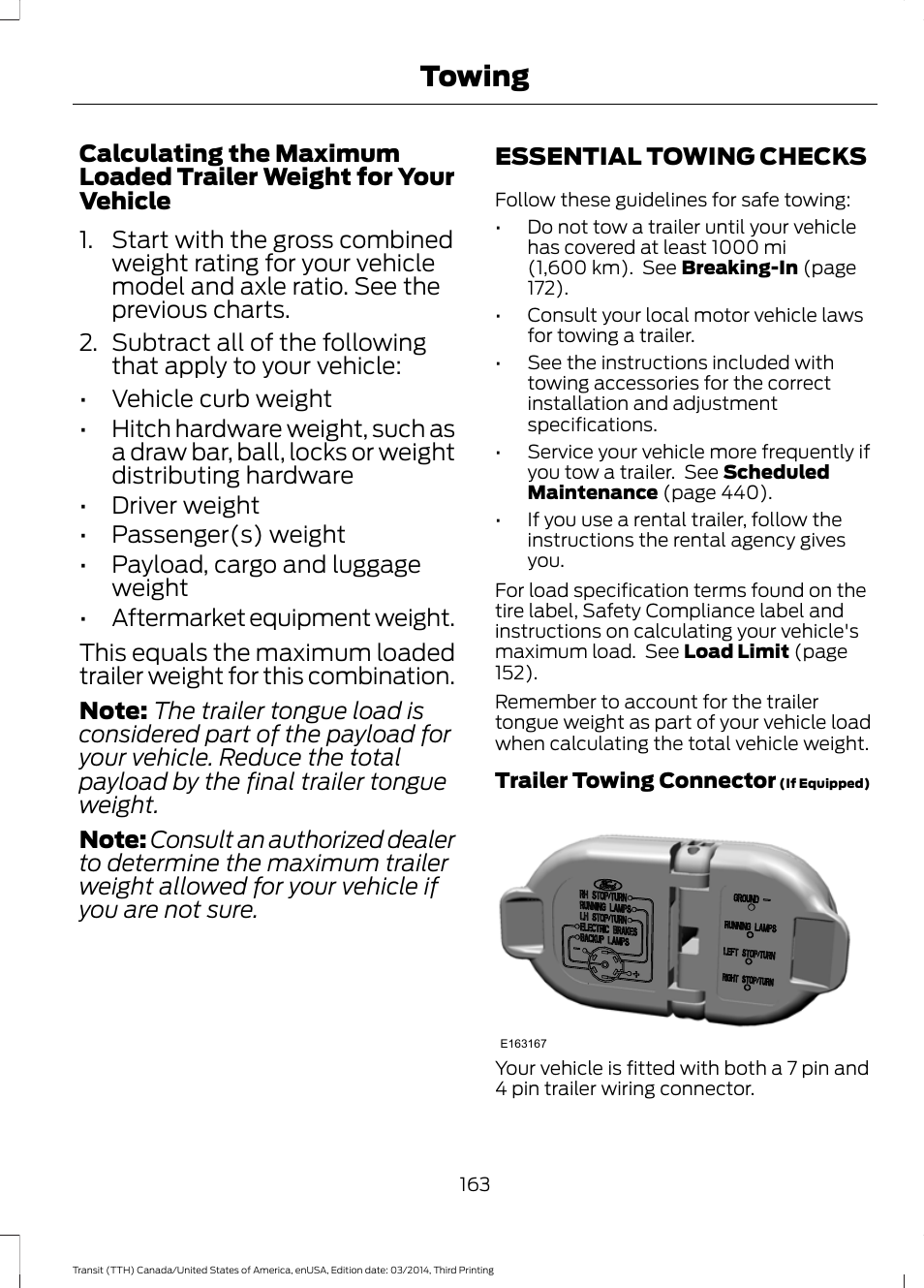 Essential towing checks, Towing | FORD 2015 Transit v.2 User Manual | Page 166 / 467