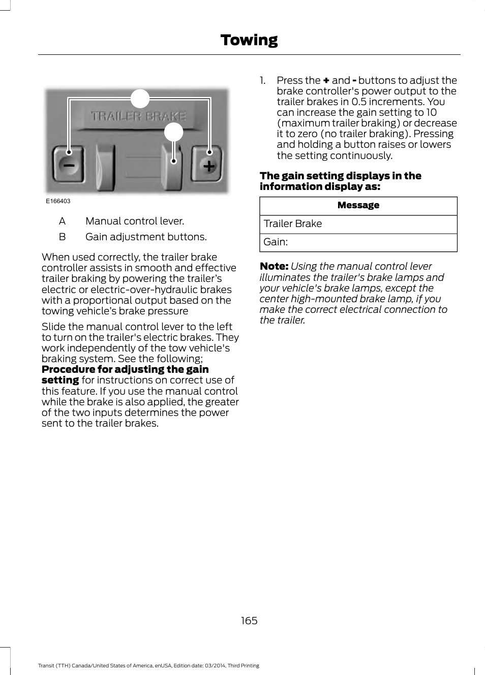 Towing | FORD 2015 Transit v.2 User Manual | Page 168 / 467