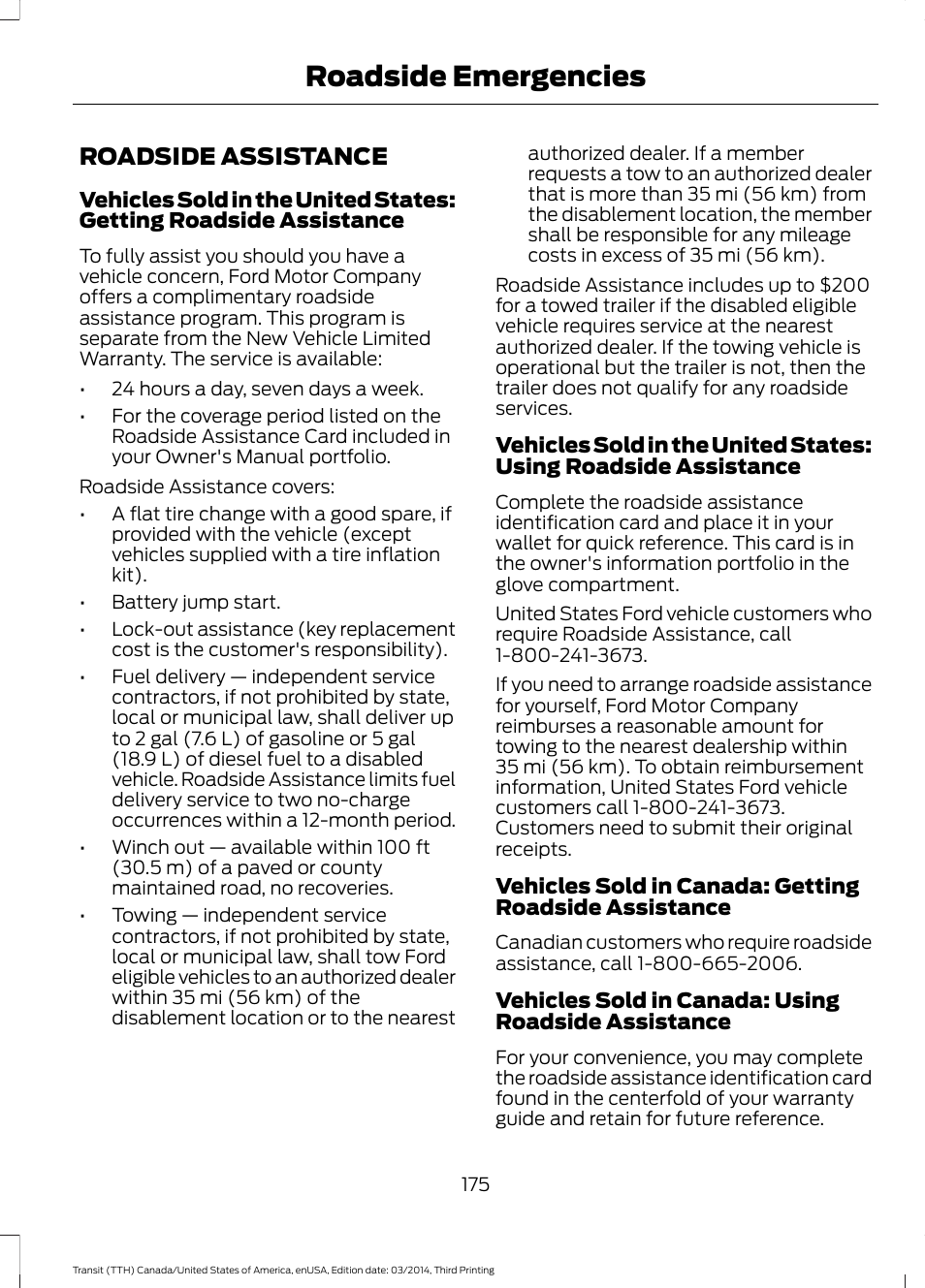 Roadside emergencies, Roadside assistance | FORD 2015 Transit v.2 User Manual | Page 178 / 467