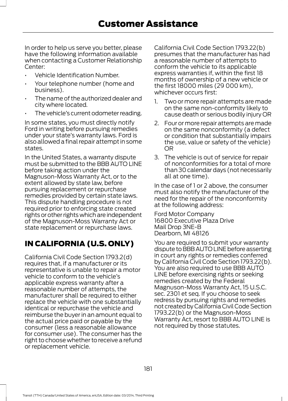 In california (u.s. only), Customer assistance | FORD 2015 Transit v.2 User Manual | Page 184 / 467