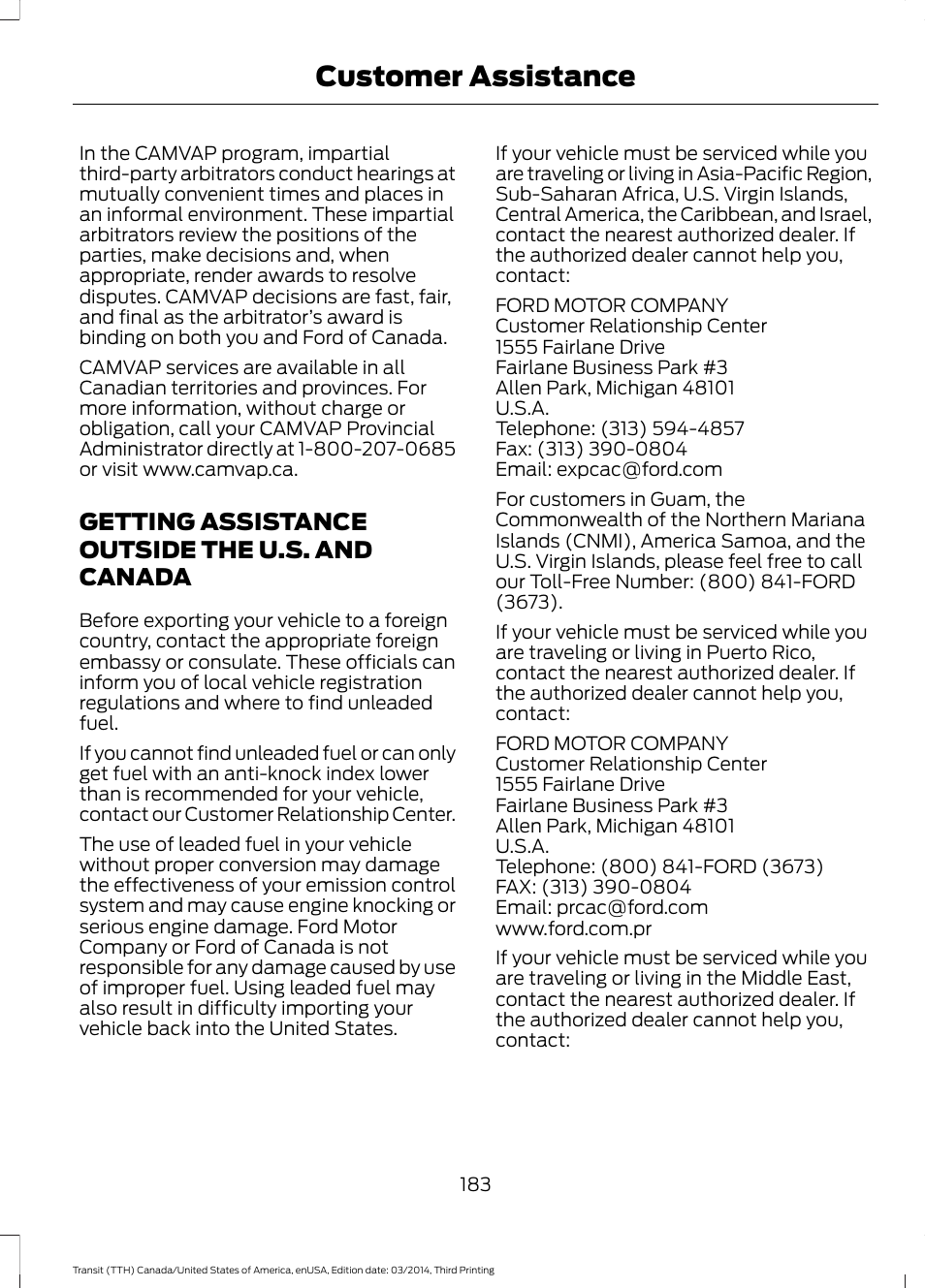 Getting assistance outside the u.s. and canada, Getting assistance outside the u.s. and, Canada | Customer assistance | FORD 2015 Transit v.2 User Manual | Page 186 / 467