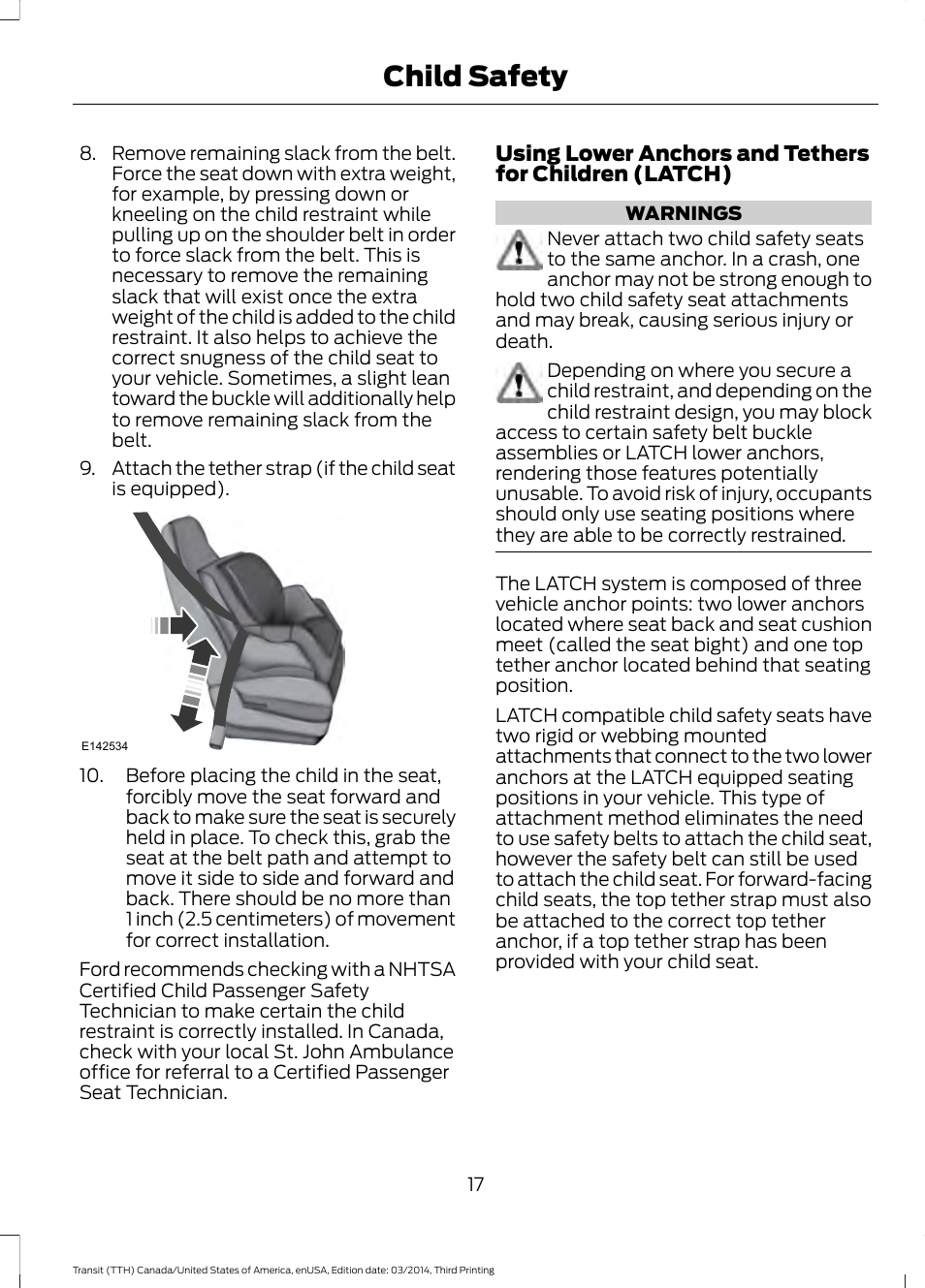 Child safety | FORD 2015 Transit v.2 User Manual | Page 20 / 467