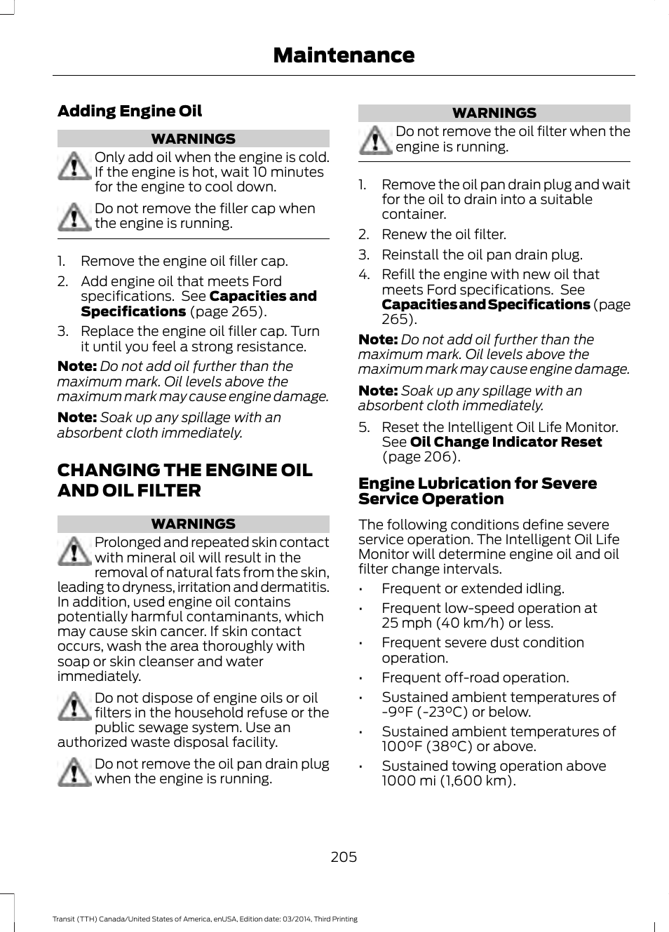 Changing the engine oil and oil filter, Changing the engine oil and oil, Filter | Maintenance | FORD 2015 Transit v.2 User Manual | Page 208 / 467