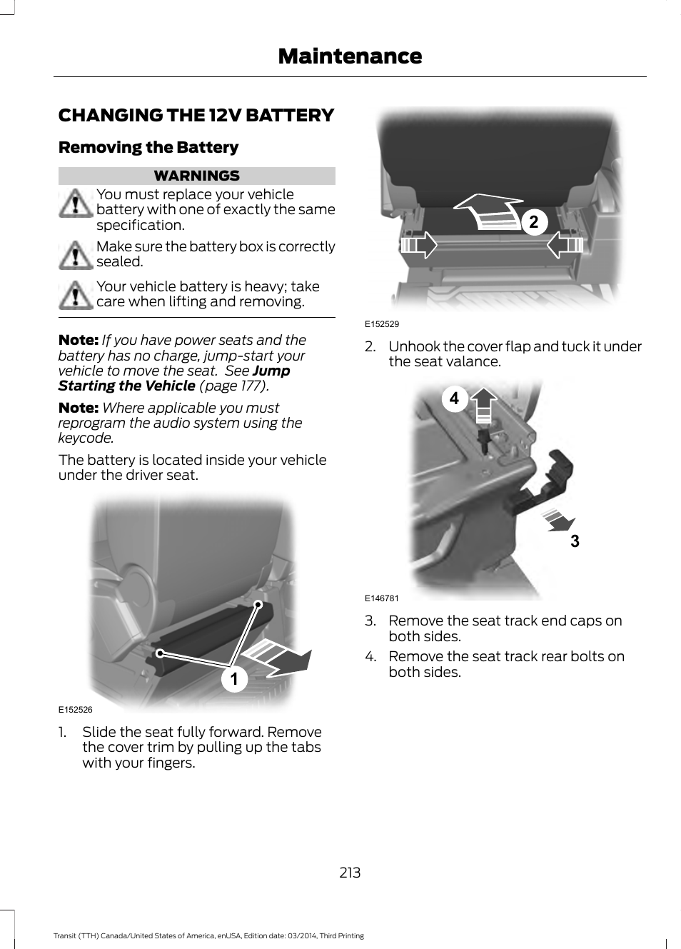 Changing the 12v battery, Maintenance | FORD 2015 Transit v.2 User Manual | Page 216 / 467