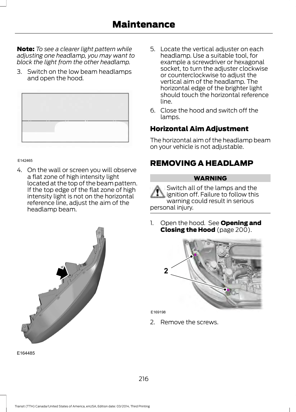 Removing a headlamp, Maintenance | FORD 2015 Transit v.2 User Manual | Page 219 / 467