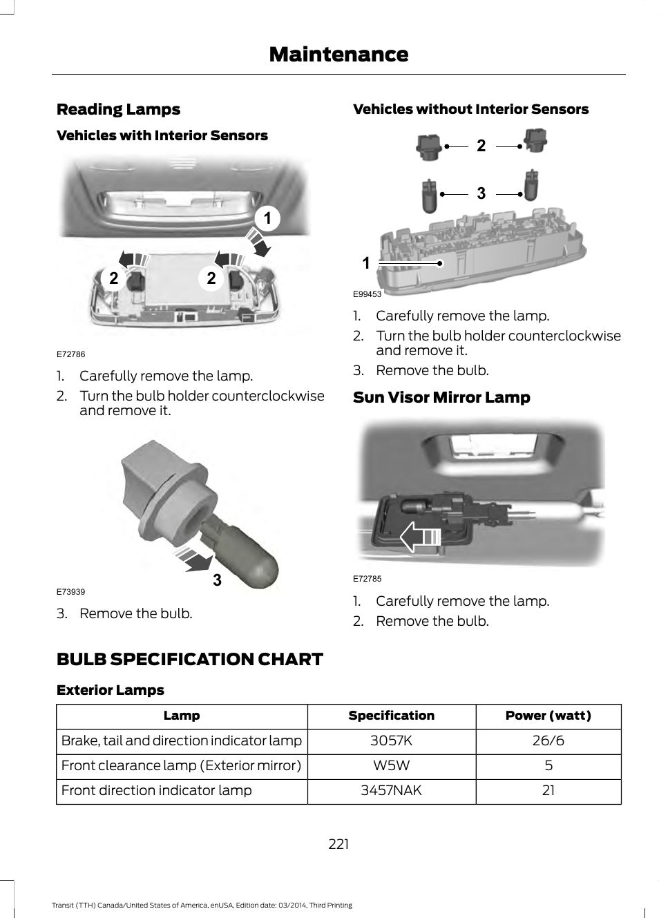 Bulb specification chart, Maintenance | FORD 2015 Transit v.2 User Manual | Page 224 / 467