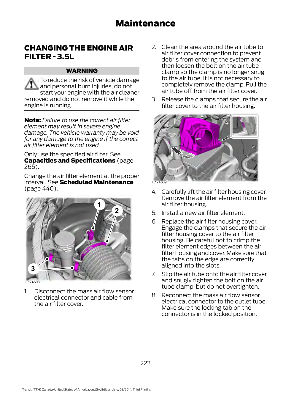 Changing the engine air filter, Changing the engine air filter - 3.5l, Maintenance | FORD 2015 Transit v.2 User Manual | Page 226 / 467