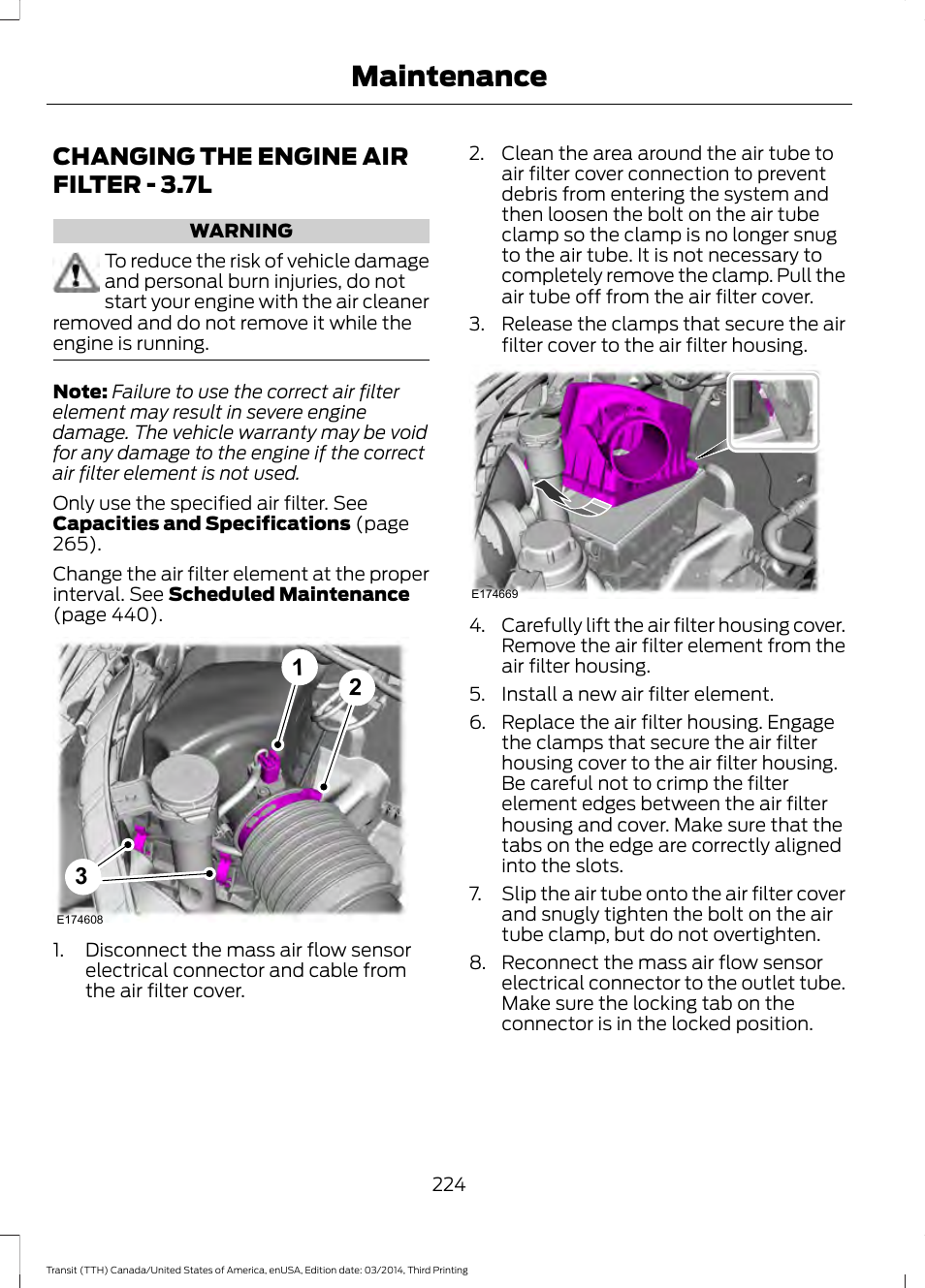 Changing the engine air filter, Changing the engine air filter - 3.7l, Maintenance | FORD 2015 Transit v.2 User Manual | Page 227 / 467