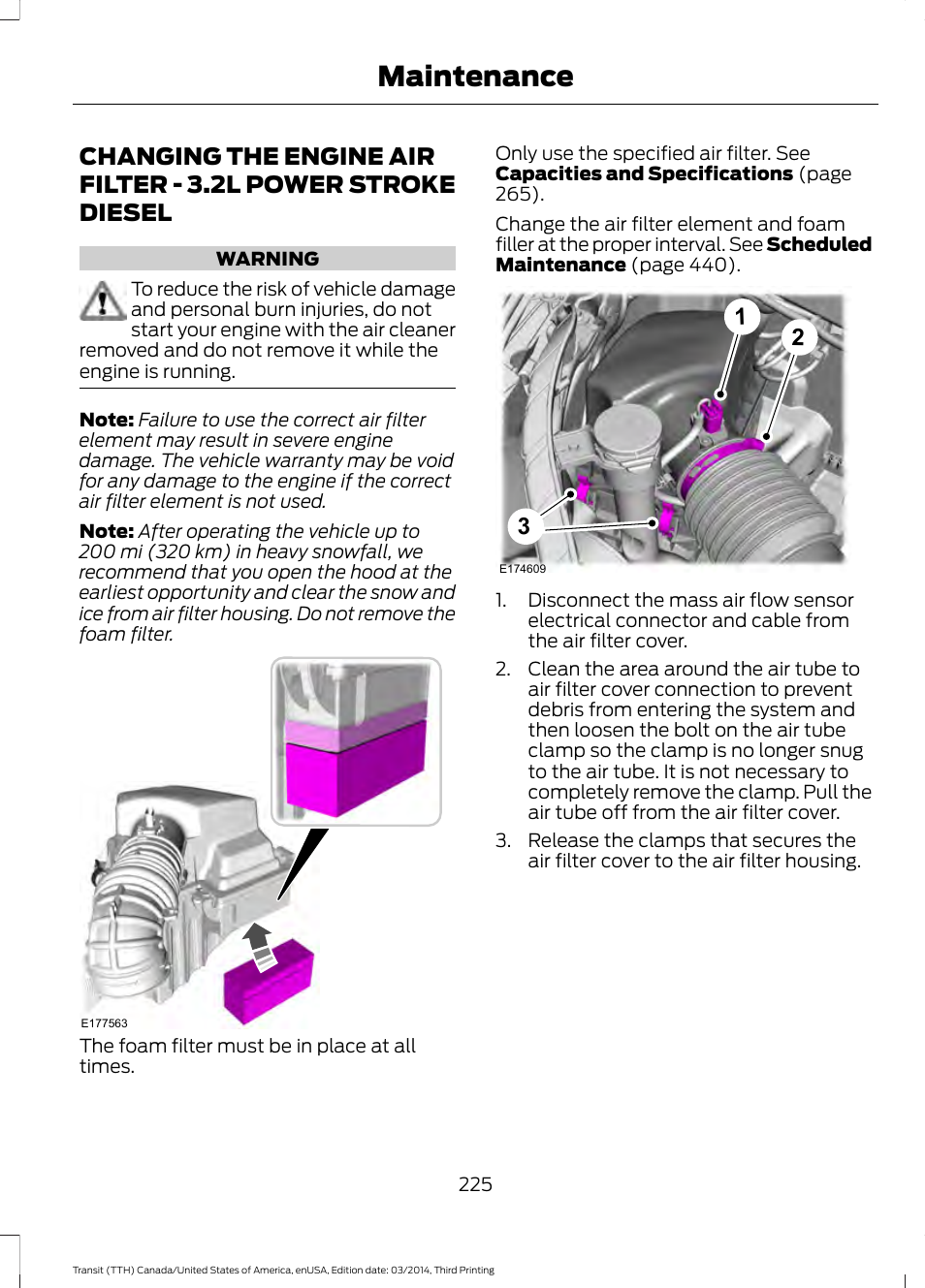 Changing the engine air filter, Changing the engine air filter - 3.2l, Power stroke diesel | Maintenance | FORD 2015 Transit v.2 User Manual | Page 228 / 467